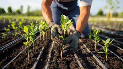 Fototapeta premium Cultivating Growth: Gardener Tending to Newly Planted Trees in Organized Nursery for Landscaping Preparation