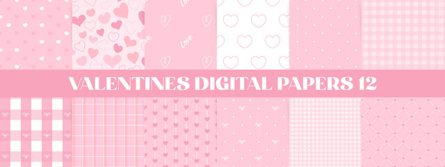 Soft pink Valentines day seamless patterns collection. Romantic heart motifs, bows, and plaid backgrounds. Perfect digital papers for love themed designs.