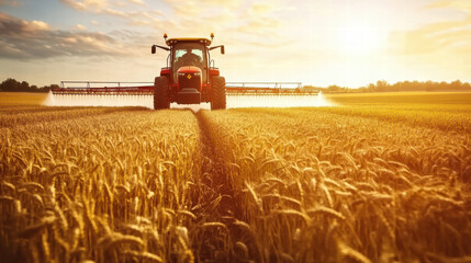 Obraz premium tractor sprays crops in golden wheat fields under vibrant sunset. scene captures essence of agriculture and beauty of rural life