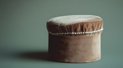 Elegant round velvet hatbox with decorative pearl trim and soft fabric