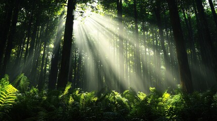Enchanted Forest Tranquility - Towering Trees, Lush Ferns, Soft Sunlight Illumination