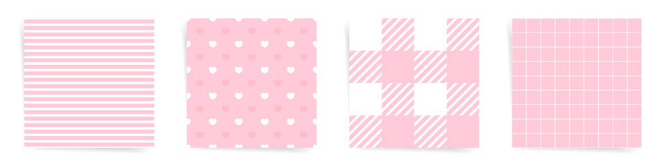 Set of pink seamless patterns. Striped, heart, checkered, and grid designs for Valentine’s day. Perfect love-themed backgrounds for creative projects.