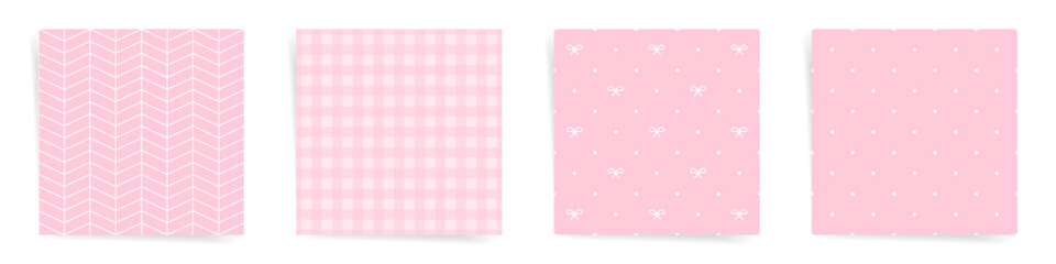 Set of pink seamless patterns. Chevron, gingham, bows, and polka dot designs for Valentines day. Perfect love-themed backgrounds for creative projects.