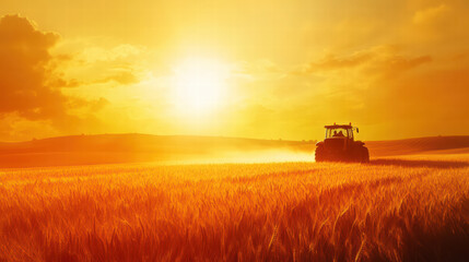 Fototapeta premium tractor works in vibrant wheat fields under golden sunset, creating serene agricultural scene. warm light enhances beauty of landscape, evoking sense of tranquility