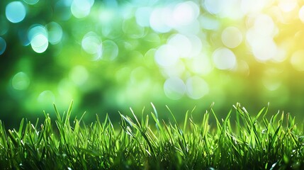 Obraz premium Bright sunny day with lush natural green grass field, soft blurred bokeh background, and radiant sunlight illuminating a peaceful outdoor landscape