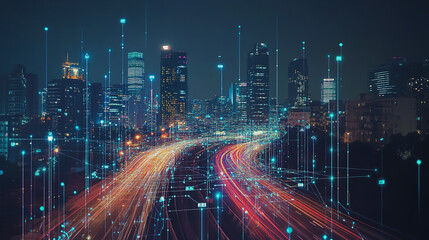 Smart Innovation city with connection cyber security network reciprocity over the night cityscape future wireless digital city and social media networking systems that connects people in the city