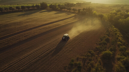 Obraz premium Aerial view of tractor working in golden wheat fields at sunset, creating dust clouds. lush landscape showcases beauty of agriculture and farming life