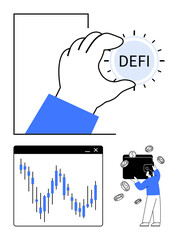 Hand holding a DEFI coin, stock market graph, person managing a cryptocurrency wallet with floating coins. Ideal for finance, cryptocurrency, blockchain technology, investment strategies, digital