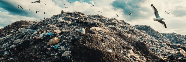Vast landfill site with seagulls soaring through the sky above mountains of waste materials. Generative AI