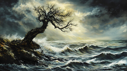 A gnarled, windswept tree clings to life amidst turbulent waves under a stormy sky. Windswept. Illustration