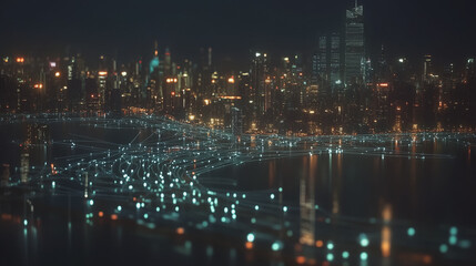 Obraz premium Smart Innovation city with connection cyber security network reciprocity over the night cityscape future wireless digital city and social media networking systems that connects people in the city