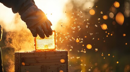 Beekeeper Inspecting Honeycomb in Sunlight