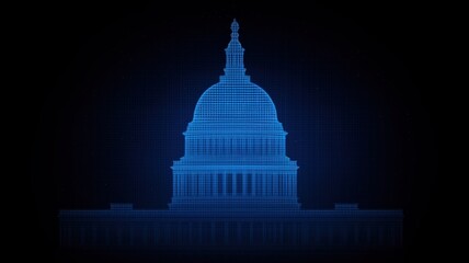 energy policy legislation concpt. Digital blueprint of a U.S. Capitol building in glowing blue lines.