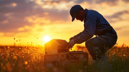 Golden Hour Serenity: Beekeeper Tending to Hive in Lush Agricultural Setting Silhouetted Against the Sky