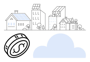 Buildings with solar panels, trees, a cloud, and a coin representing savings and renewable energy. Ideal for sustainability, eco-friendly living, financial savings, green technology, urban planning