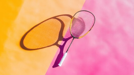 Colorful Badminton Racket Over Vibrant Yellow and Pink Background