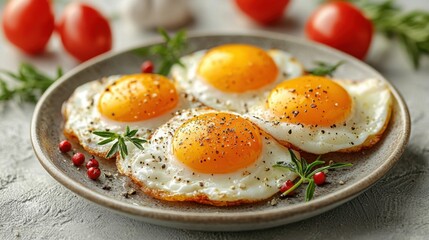 Delicious fried eggs on a soft yellow background food photography bright kitchen closeup view culinary art