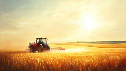 Fototapeta premium tractor sprays crops in golden wheat field under bright sun, showcasing beauty of agriculture and hard work involved in farming