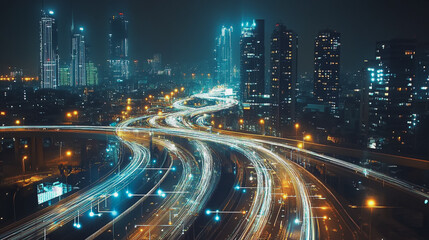 Fototapeta premium Smart Innovation city with connection cyber security network reciprocity over the night cityscape future wireless digital city and social media networking systems that connects people in the city