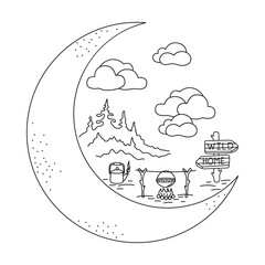 Camping with fire on Crescent Moon. Forest and moon patch in line art style. For printing on mugs and T-shirts. Black outline on white background. Nature and travel concept. Vector illustration.