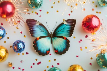 Fototapeta premium Papillon celebrating 2025. Featuring a grand New Year��s backdrop with confetti and party hats