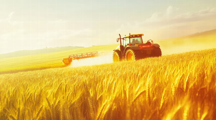 Obraz premium high angle shot of tractor spraying crops in golden wheat field, showcasing agricultural activity under bright sky. scene captures essence of farming and productivity