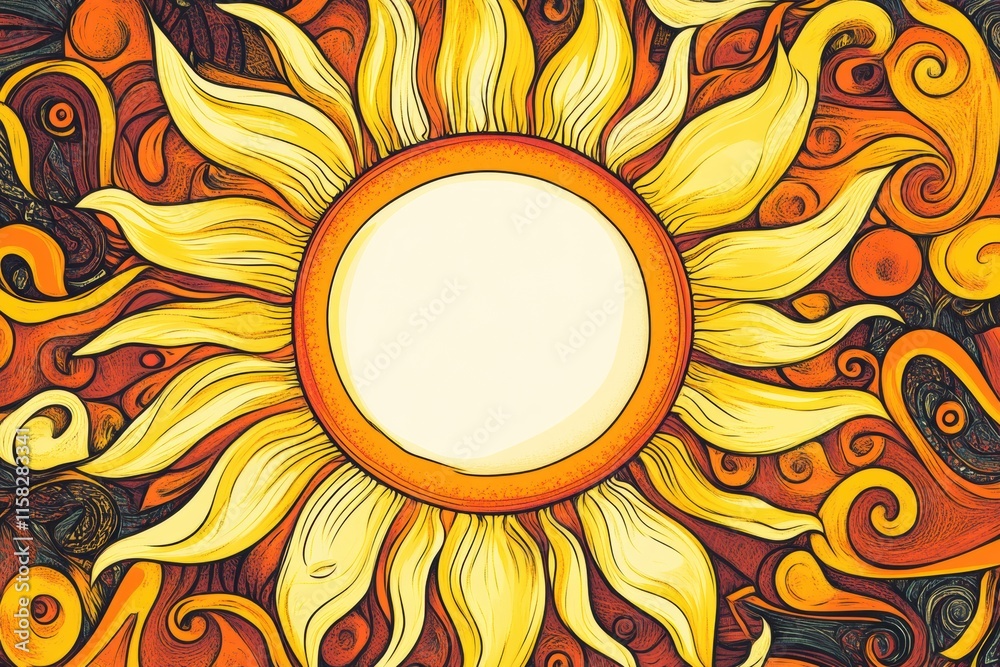 Poster bright and cheerful sun doodle with pancake like rays radiating warmth and joy in vibrant colors and