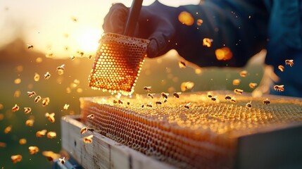 Sustainable Beekeeping: Beekeeper Inspecting Vibrant Honeycomb Frame in Agriculture