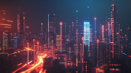 Smart Innovation city with connection cyber security network reciprocity over the night cityscape future wireless digital city and social media networking systems that connects people in the city