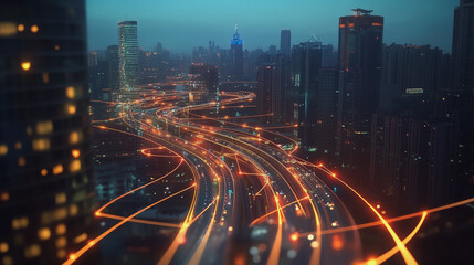 Fototapeta premium Smart Innovation city with connection cyber security network reciprocity over the night cityscape future wireless digital city and social media networking systems that connects people in the city