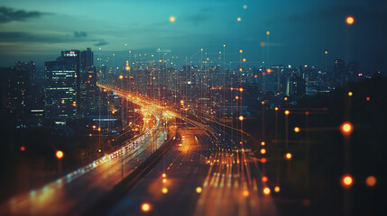 Fototapeta premium Smart Innovation city with connection cyber security network reciprocity over the night cityscape future wireless digital city and social media networking systems that connects people in the city