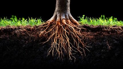 Enigmatic Underground World: Close-Up of Intricate Tree Roots in Lush Soil