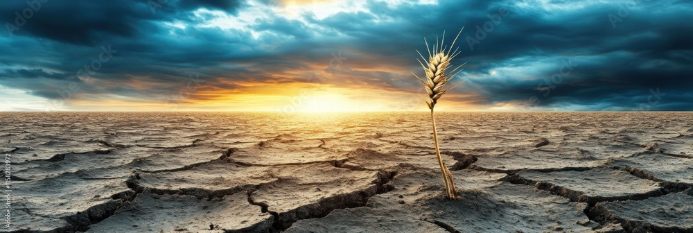Poster barren field with a single stalk of withered wheat against a dramatic sky at sunset. generative ai