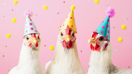 Chickens in colorful party hats celebrating with joy and laughter,   festive scene humor, celebrations, quirky animal themes, birthday  whimsical festive banner web poster design card wallpaper