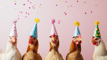 Chickens in colorful party hats celebrating with joy and laughter,   festive scene humor, celebrations, quirky animal themes, birthday  whimsical festive banner web poster design card wallpaper