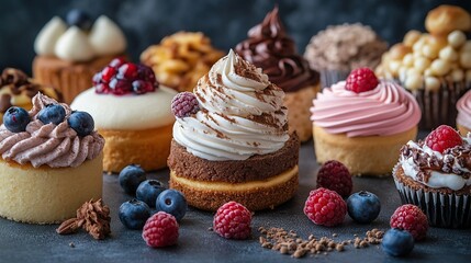 Assorted mini cakes and cupcakes with various toppings and fresh berries.