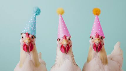Chickens in colorful party hats celebrating with joy and laughter,  playful festive scene humor, celebrations, quirky animal themes, birthday events, and whimsical festive concepts.