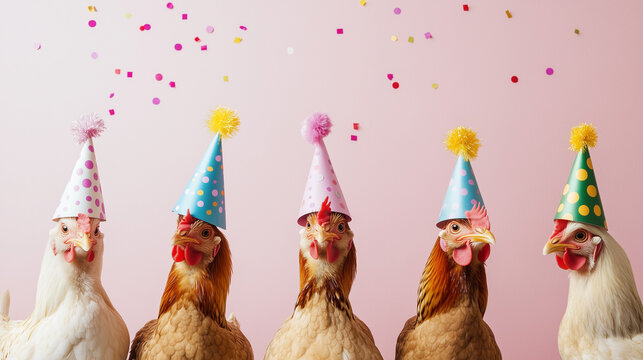 Chickens in colorful party hats celebrating with joy and laughter,   festive scene humor, celebrations, quirky animal themes, birthday  whimsical festive banner web poster design card wallpaper