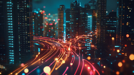 Fototapeta premium Smart Innovation city with connection cyber security network reciprocity over the night cityscape future wireless digital city and social media networking systems that connects people in the city
