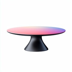 A modern table featuring a round, gradient top in shades of pink and blue, supported by a sleek black pedestal base.