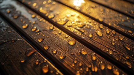 The wood is wet and has raindrops on it. The raindrops are small and scattered. The wood is brown in color