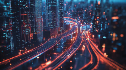 Obraz premium Smart Innovation city with connection cyber security network reciprocity over the night cityscape future wireless digital city and social media networking systems that connects people in the city