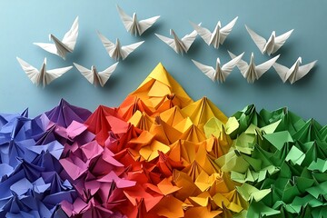 Colorful Origami Cranes Fly Over Rainbow Mountains
