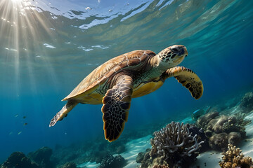 Obraz premium A majestic giant sea turtle gliding gracefully through the crystal-clear waters of the ocean