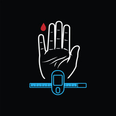 Fototapeta premium Blood glucose test finger with monitor and drop of blood medical icon