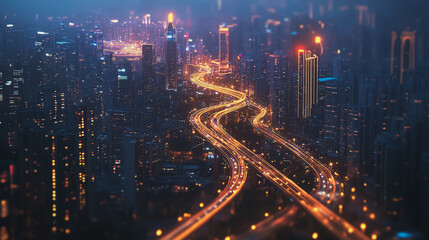 Fototapeta premium Smart Innovation city with connection cyber security network reciprocity over the night cityscape future wireless digital city and social media networking systems that connects people in the city