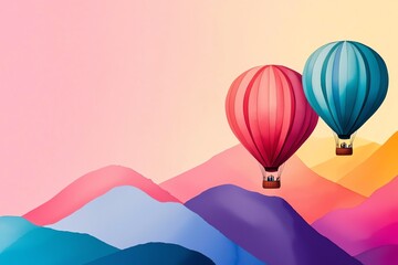 Obraz premium Two colorful hot air balloons float above layered, vibrant mountains under a pastel sky, creating a serene and picturesque landscape.