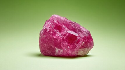 Obraz premium Vibrant Pink Raw Ruby Gemstone on Soft Green Background