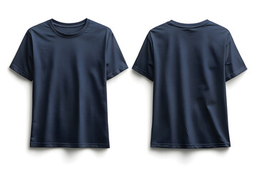 Mockup of a front and back view of a blank dark blue T shirt with an isolated white background