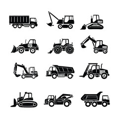 Set of Black Construction Vehicle Silhouettes Featuring Excavators, Dump Trucks, and Loaders